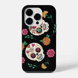 Coque Pour iPhone 14 Plus Crânes de sucre et fleurs du Jour des morts en noi