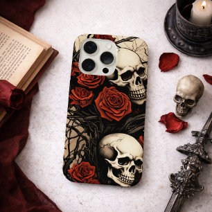 Coque iPhone 15 Pro Crânes gothiques et Roses Rouges