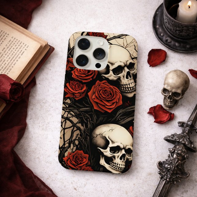 Coque iPhone Crânes gothiques et Roses Rouges (Créateur téléchargé)