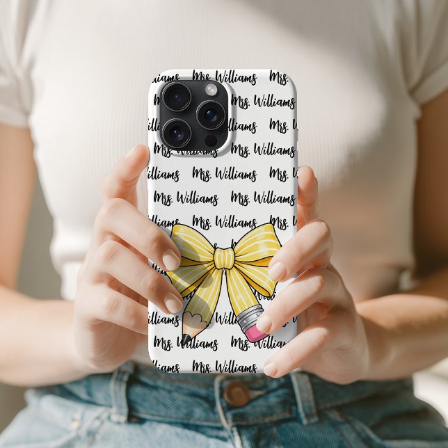 Coque iPhone Crayon à l'école Arc Mignon Retour à l'école Nom d (Custom Teacher Name Pencil Bow Pattern iPhone Case | Personalized Teacher Appreciation Phone Cover)