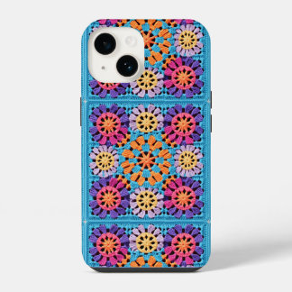 Coque Pour iPhone 14 Crochet bleu orange jaune coloré Granny Carré
