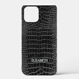 Coque iPhone 12 Crocodile noir Crocodile Cuir Nom personnalisé
