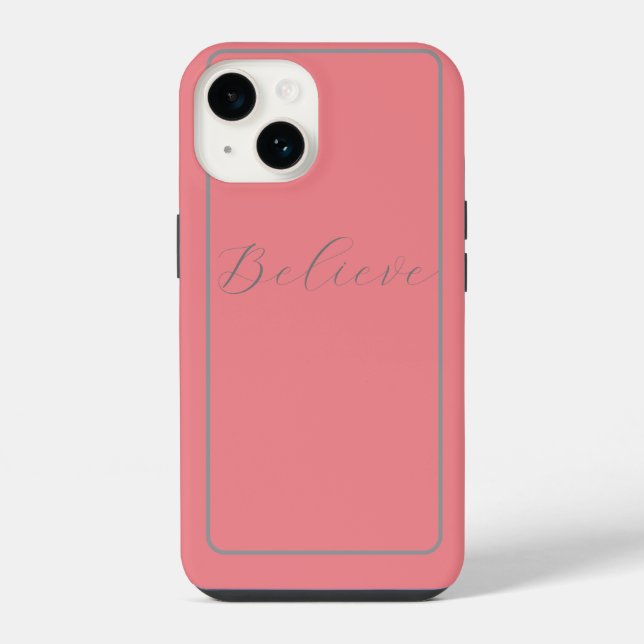 Coque iPhone 'Croire' Gris Écriture Rose Fond (Verso)