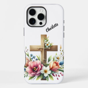 Coque iPhone 16 Pro Max Croix chrétienne entourée de beauté florale vibran