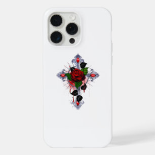 Coque iPhone 15 Pro Max Croix d'argent avec une rose rouge