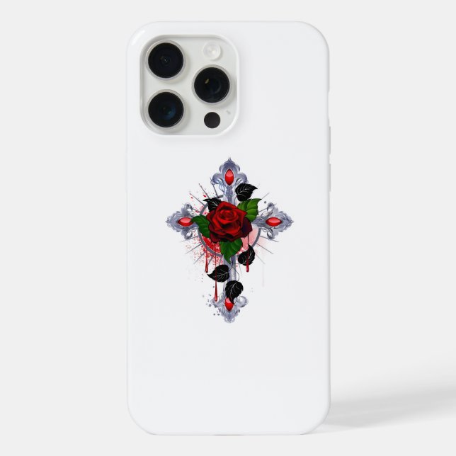 Coque iPhone Croix d'argent avec une rose rouge (Verso)