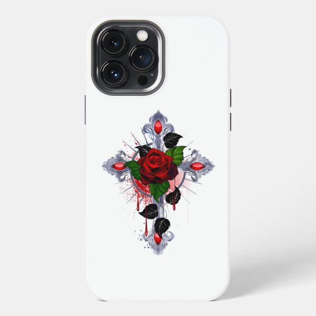 Coque iPhone Croix d'argent avec une rose rouge (Verso)