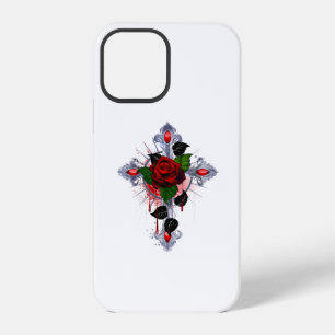 Coque iPhone 12 Pro Croix d'argent avec une rose rouge