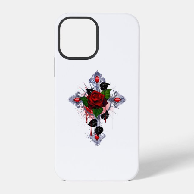 Coque iPhone Croix d'argent avec une rose rouge (Verso)