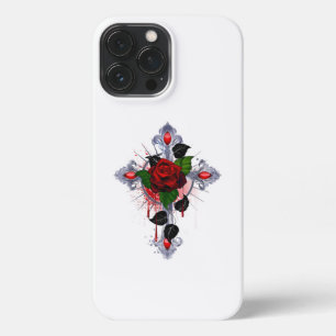 Etui iPhone 13 Pro Max Croix d'argent avec une rose rouge