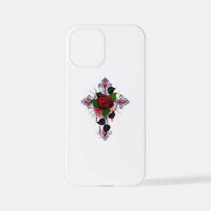 Coque iPhone 12 Mini Croix d'argent avec une rose rouge