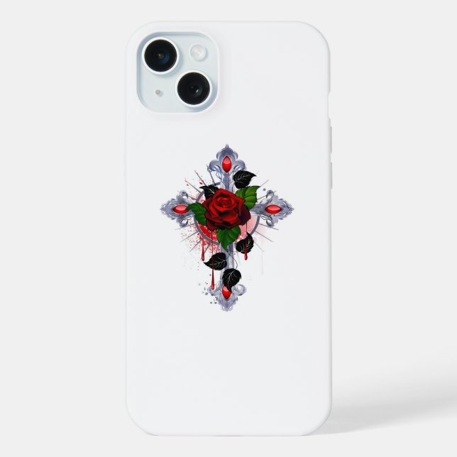 Coque iPhone Croix d'argent avec une rose rouge (Verso)