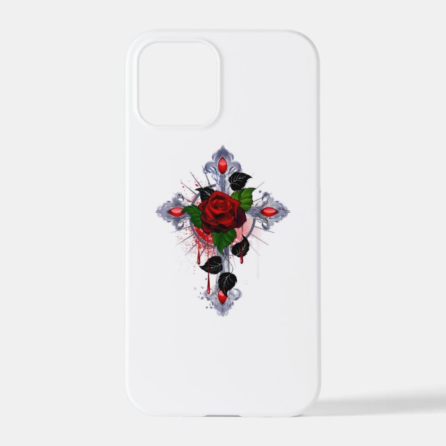 Coque iPhone Croix d'argent avec une rose rouge (Verso)