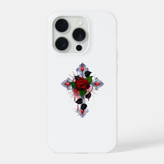 Coque iPhone Croix d'argent avec une rose rouge (Verso)