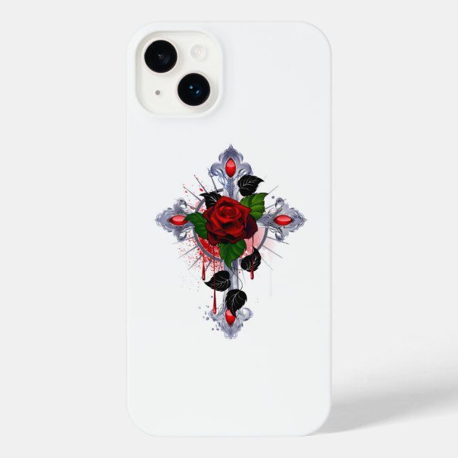 Coque iPhone Croix d'argent avec une rose rouge (Verso)