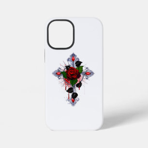 Coque iPhone 12 Mini Croix d'argent avec une rose rouge
