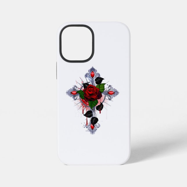 Coque iPhone Croix d'argent avec une rose rouge (Verso)