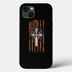 Etui iPhone 13 Croix de Jésus chrétien chasse drapeau américain c