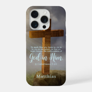 Coque iPhone 15 Pro Croix en Bois Magnifique avec Écriture Personnalis