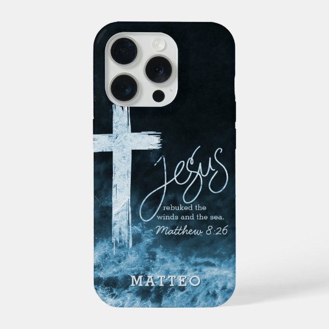 Coque iPhone Cross on Water Dark Blue Scripture Personalized (Verso)