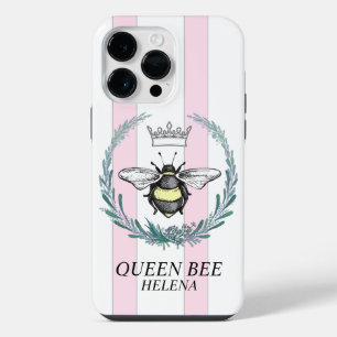 Coque Pour Pour iPhone 14 Pro Max Crown Bee Rayures roses et blanches Personnalisé