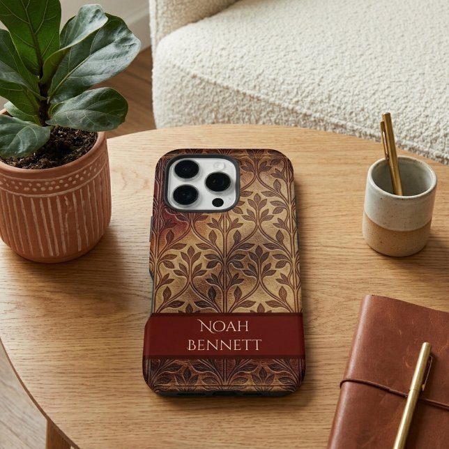 Coque iPhone Cuir Bourgogne Vintage Feuillage Botanique Bohème  (Vintage Burgundy Leather Boho Botanical Foliage iPhone Case)