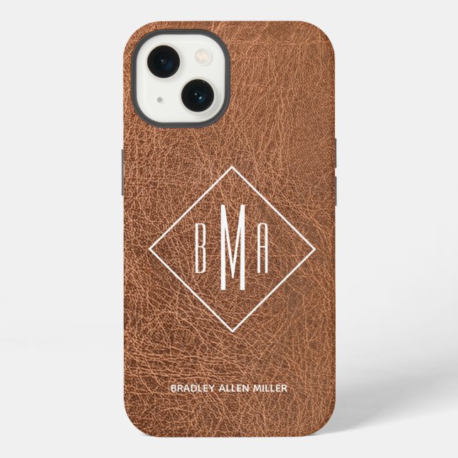 Coque iPhone Cuir Brun Faux Monogramme (Verso)
