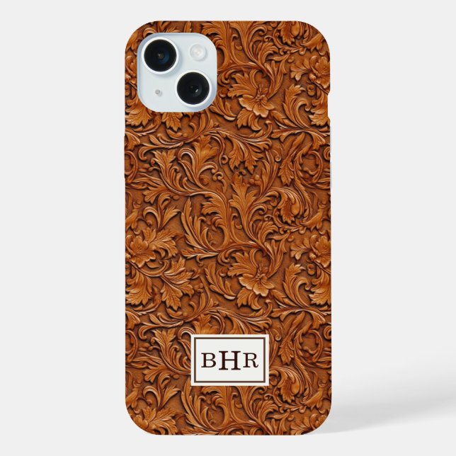 Coque iPhone Cuir Brun Outilé Monogrammé (Verso)