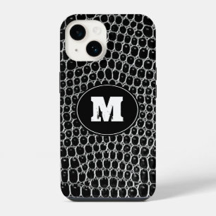 Coque Pour iPhone 14 Cuir de Crocodile Faux Monogramme Noir Personnalis