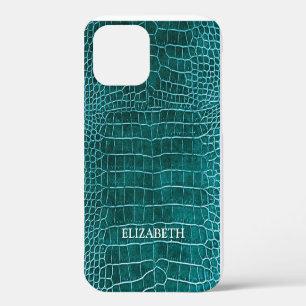 Coque iPhone 12 Cuir de crocodile faux sarcelle personnalisé avec