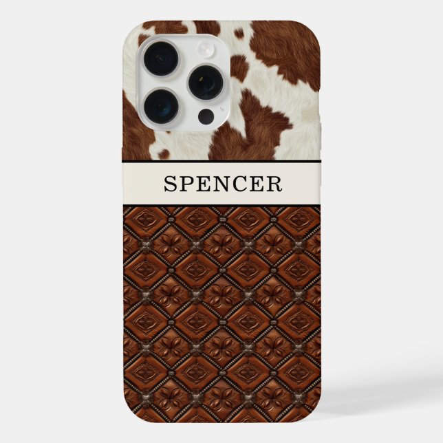 Coque iPhone Cuir de vache marron et cuir monogrammé (Verso)