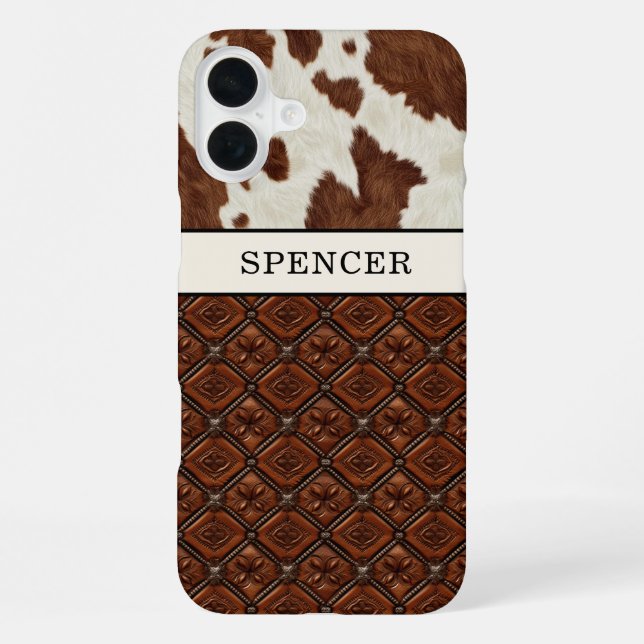 Coque iPhone Cuir de vache marron et cuir monogrammé (Verso)