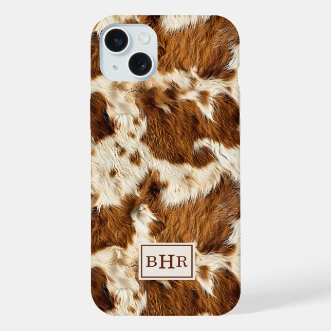 Coque iPhone Cuir de vache marron tacheté monogrammé (Verso)