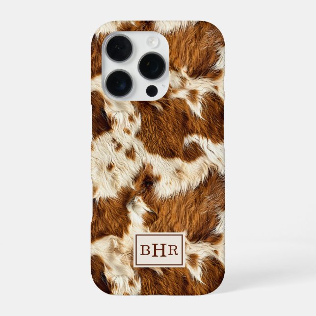 Coque iPhone Cuir de vache marron tacheté monogrammé (Verso)