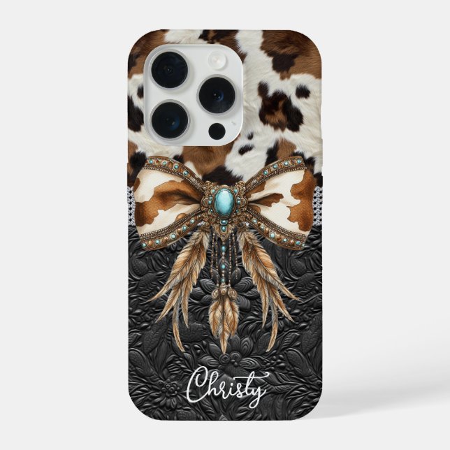 Coque iPhone Cuir de vache noir Bijou Bow (Verso)