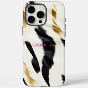 Coque iPhone 16 Pro Max Cuir de vache noir blanc or