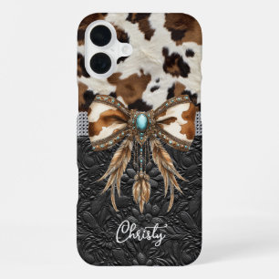 Coque iPhone 16 Plus Cuir de vache noir Jewel Bow