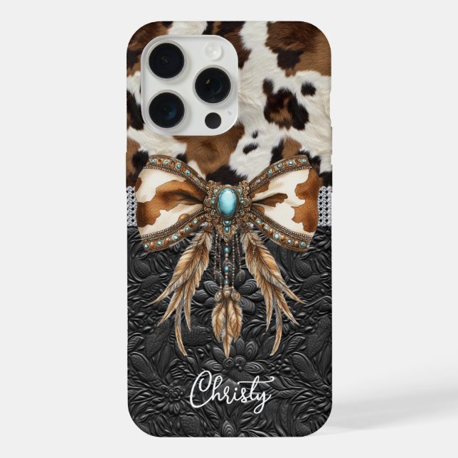 Coque iPhone Cuir de vache noir Jewel Bow (Verso)