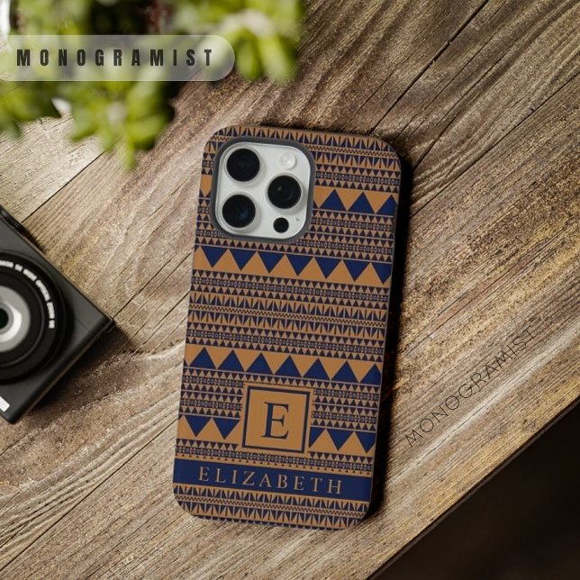 Coque iPhone Cuivre Brown noir bleu aztec (Customizable Copper Brown Dark Navy Blue Aztec iPhone Case)