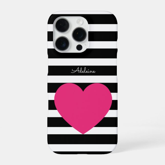 Coque iPhone Custom Black and White Bold Striped Pink Heart  (Verso)
