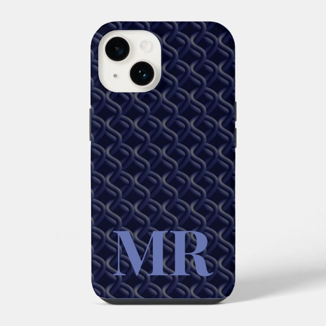Coque iPhone Custom Initial Large Modern Blue Lattice Rubber (Verso)