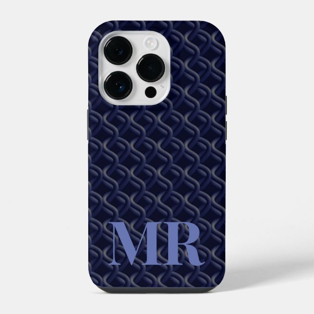 Coque iPhone Custom Initial Large Modern Blue Lattice Rubber (Verso)