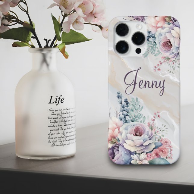 Coque iPhone Custom Name Marble Floral Personalized Watercolor (Créateur téléchargé)