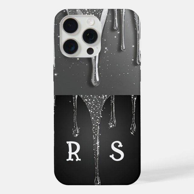 Coque iPhone Custom name Monogram Silver Glitter Drips (Verso)
