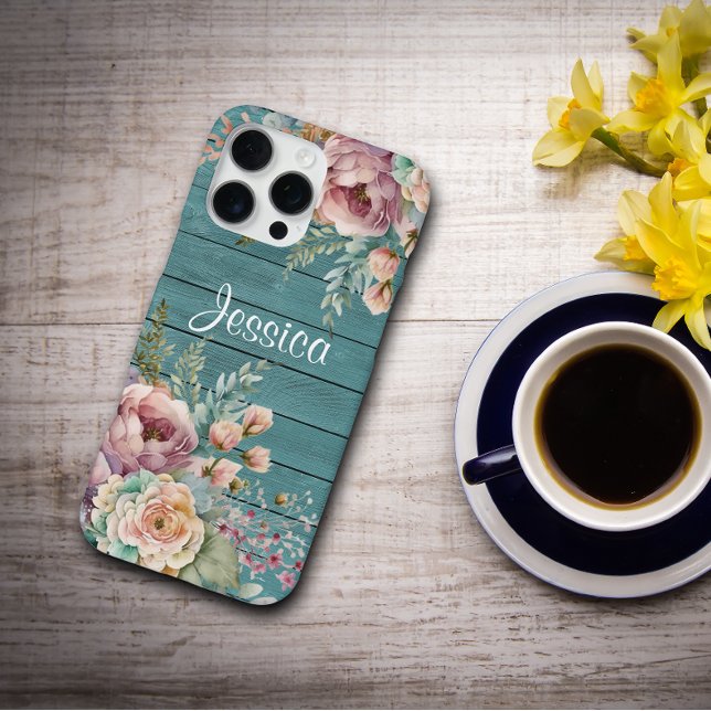 Coque iPhone Custom Name Rustic Teal Wood Floral Personalized (Créateur téléchargé)