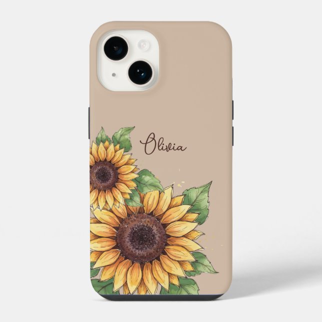 Coque iPhone Custom Name Watercolor Sunflower Rustic (Verso)