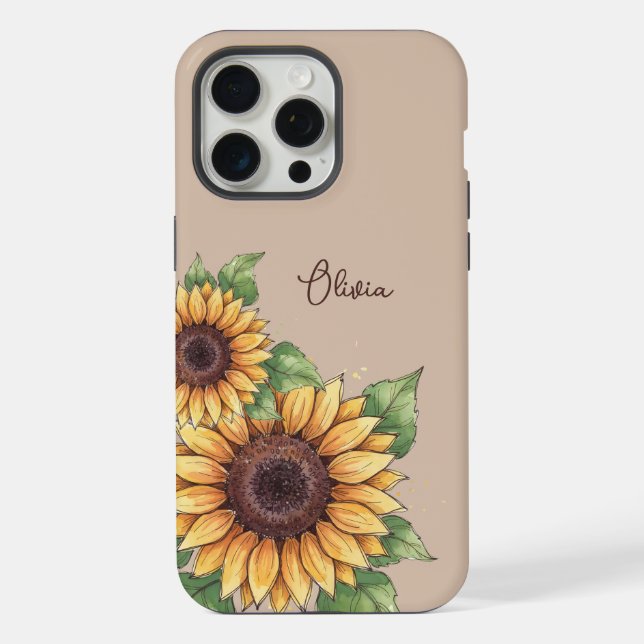 Coque iPhone Custom Name Watercolor Sunflower Rustic (Verso)