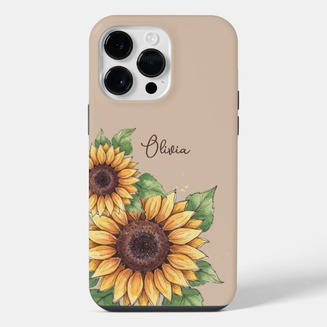 Coque iPhone Custom Name Watercolor Sunflower Rustic (Verso)