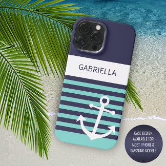 Coque iPhone 15 Pro Max Custom Navy bleu foncé blanc Aqua Turquoise Stripe