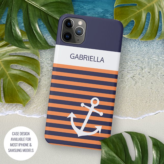 Coque iPhone Custom Navy Bleu foncé Blanc Soleil Orange rayures (Créateur téléchargé)